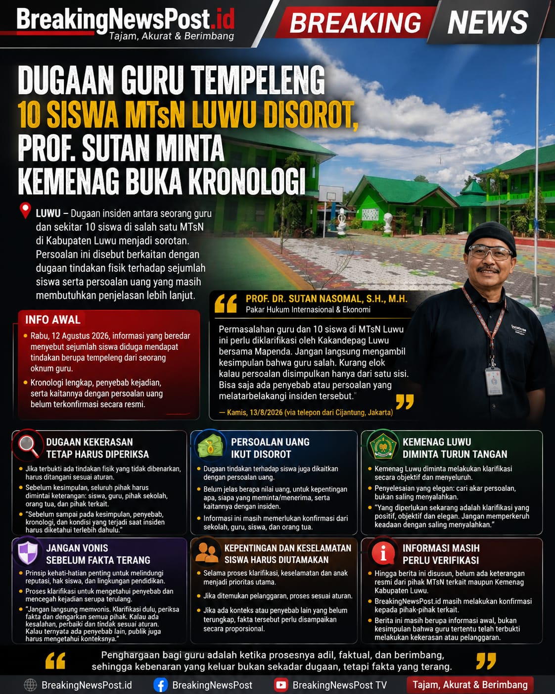 Prof. Sutan Nasomal Minta Kemenag Buka Kronologi Kasus Guru Tampar 10 Siswa